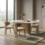 PRITI Curved Marble 180cm Dining Table with Wood Base, Seats 4 – 6