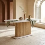 PRITI Curved Marble 180cm Dining Table with Wood Base, Seats 4 – 6