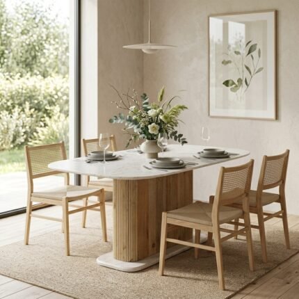 PRITI Curved Marble 180cm Dining Table with Wood Base, Seats 4 – 6