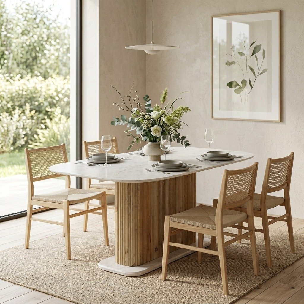 PRITI Curved Marble 180cm Dining Table with Wood Base, Seats 4 – 6 PRITI Curved Marble 180cm Dining Table with Wood Base, Seats 4 – 6