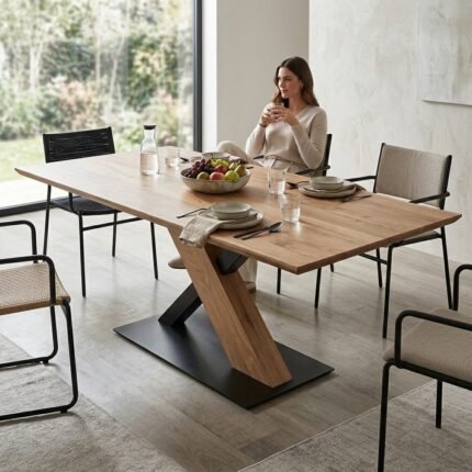 PRITI Industrial Dining Table in Solid Wood and Black Metal