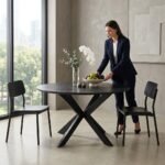 PRITI Round Dining Table in Wood and Black Metal Legs