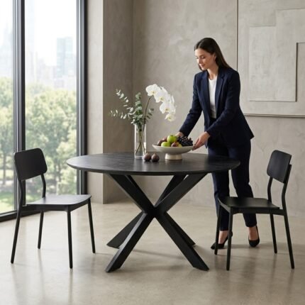 PRITI Round Dining Table in Wood and Black Metal Legs