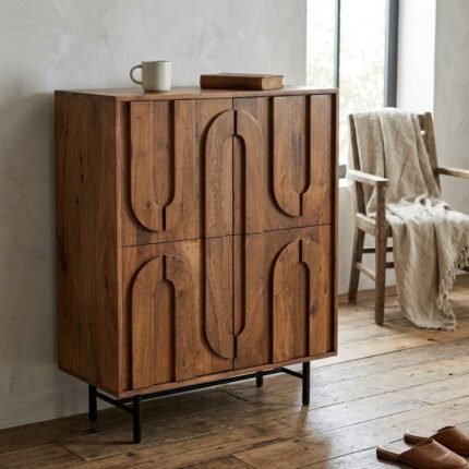 PRITI 4 Door Bar Cabinet Natural Wood