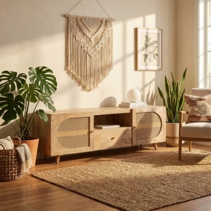 PRITI Rattan Wood Media Unit (Solid Wood )