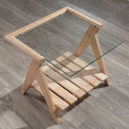 PRITI Glass Top Side Table | Natural Hardwood Frame