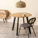 PRITI Small Round Loft Table Natural Wood and Black Metal