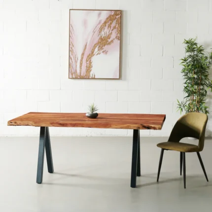 PRITI Solid Wood Live Edge Table with Black Pyramid-Shaped Legs