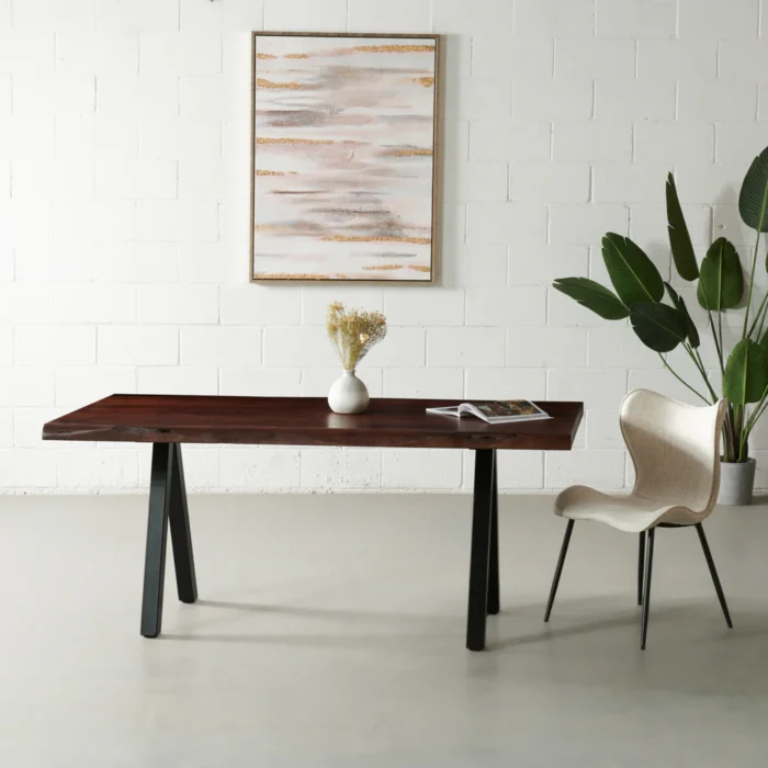 PRITI Solid Wood Live Edge Table with Black Pyramid-Shaped Legs