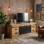 140 cm Wooden TV Cabinet – Light Brown & Black Solid Wood Media Unit PRITI
