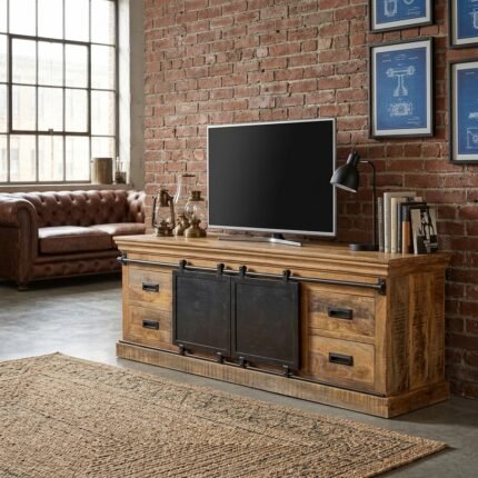 140 cm Wooden TV Cabinet – Light Brown & Black Solid Wood Media Unit PRITI