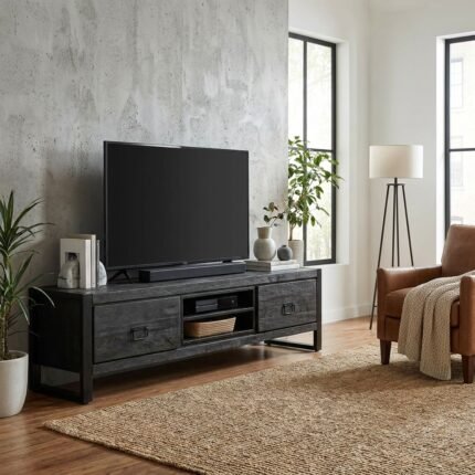 TV Cabinet 160 cm Black (Solid Wood) - PRITI