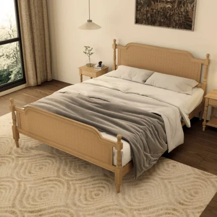 PRITI Platform Bed with Rattan Headboard and Footboard