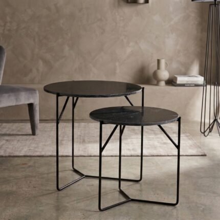 PRITI Side Table Set of 2 Marble Top With Metal Legs