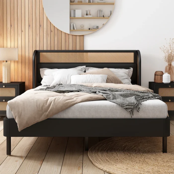 PRITI Rattan Wood Platform Queen Bed