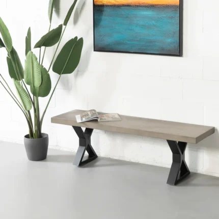 PRITI Grey Concrete Bench with X Black Legs