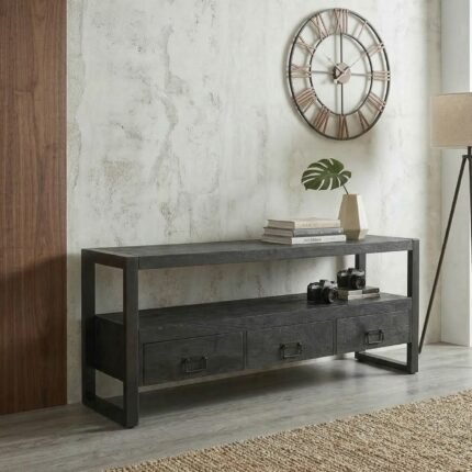 TV Cabinet 150 cm Black (Solid Wood) – PRITI