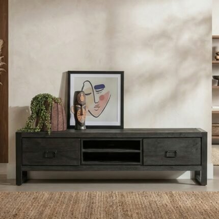 TV Cabinet 160 cm Black (Solid Wood) – PRITI