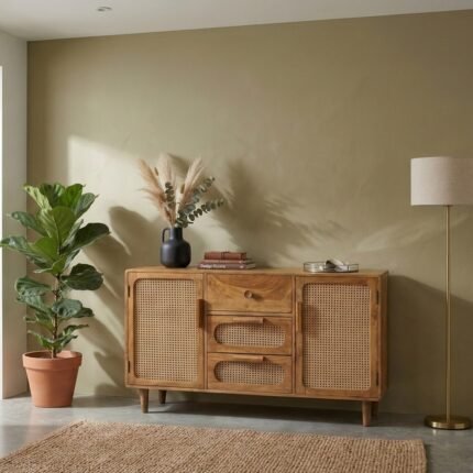 PRITI Solid Wood Sideboard with Cane – 130 cm