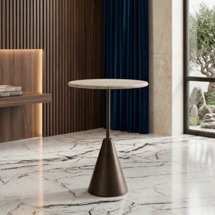 Side Table – Elegant Travertine Top with Black Metal Base