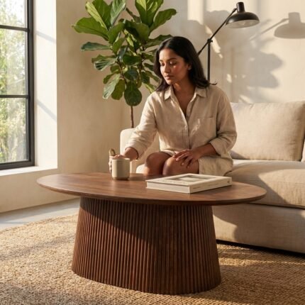 Light Brown Wooden Oval Coffee Table 120 cm – PRITI