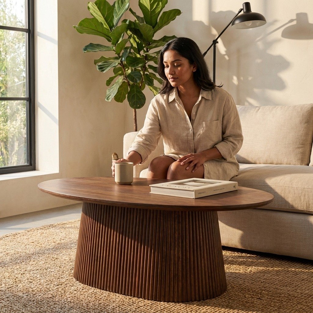 Light Brown Wooden Oval Coffee Table 120 cm – PRITI Light Brown Wooden Oval Coffee Table 120 cm – PRITI