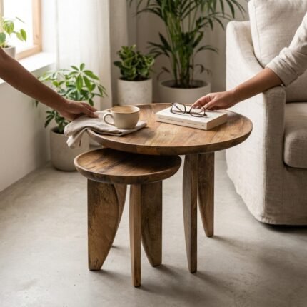 Set of 2 Round Wooden Nesting Tables (Solid Wood ) - PRITI