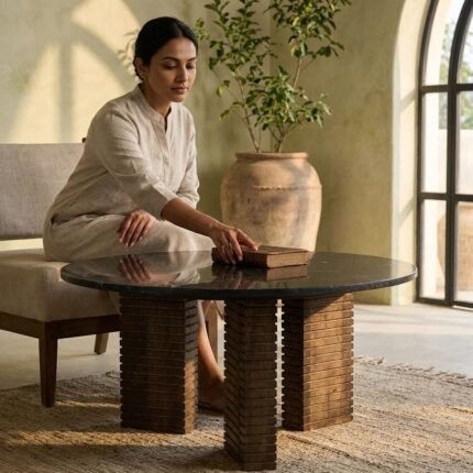 Wood With Black Marble Coffee Table - PRITI