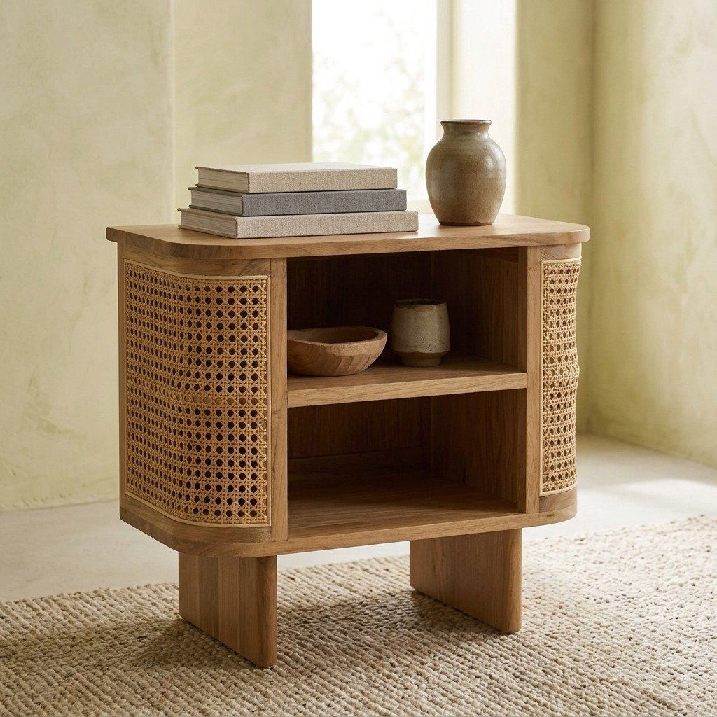 Natural Wooden Bedside Table with Cane Detailing – PRITI Natural Wooden Bedside Table with Cane Detailing – PRITI