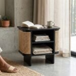 PRITI Black Wooden Bedside Table with Cane Detailing