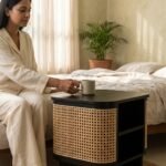 PRITI Black Wooden Bedside Table with Cane Detailing - Image 2