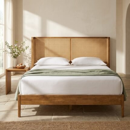 Natural Woven Cane Wood Wingback Bed - Queen - PRITI
