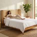 Natural Woven Cane Wood Wingback Bed - Queen - PRITI - Image 2