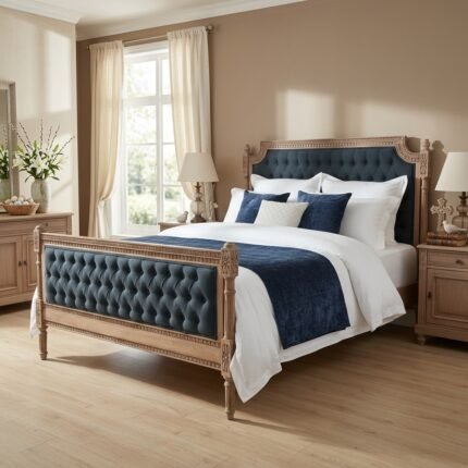 Solid Mango Wood Grey Deep Button Bedroom Bed – PRITI