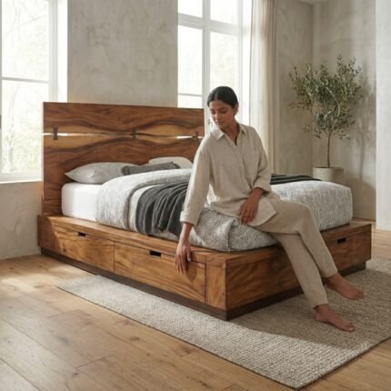 Storage Panel Solid Wood Bed - PRITI