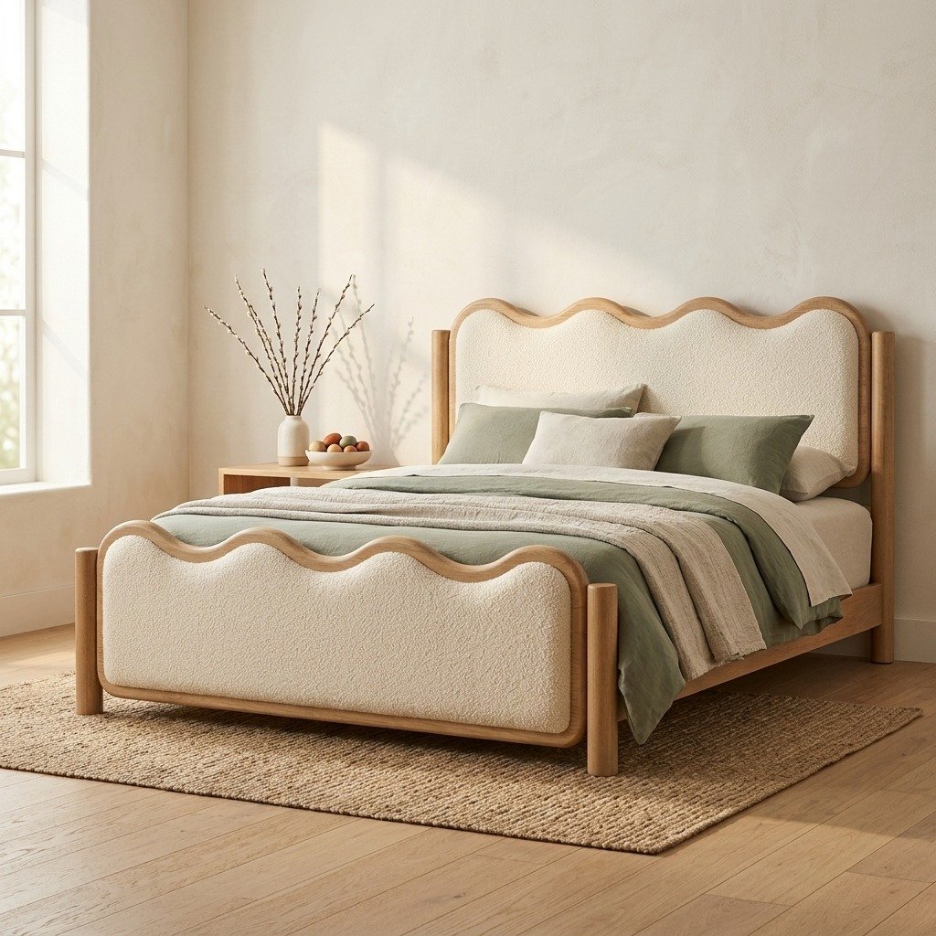 Wood Frame Cream Boucle Upholstered Wavy Bed – Queen – PRITI Wood Frame Cream Boucle Upholstered Wavy Bed – Queen – PRITI