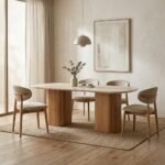 PRITI Dining Table – Light Wood & Travertine