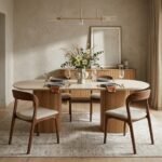 PRITI Dining Table – Light Wood & Travertine