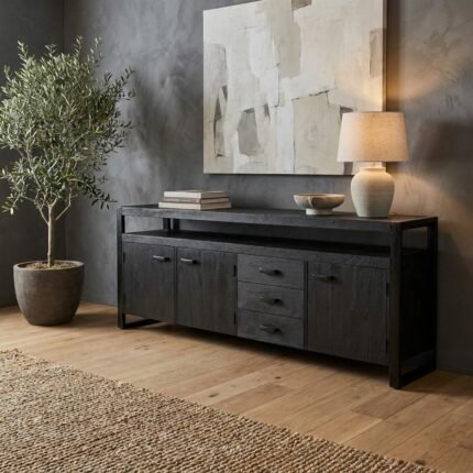 PRITI Wooden Sideboard 210 cm (Solid Black Wood )