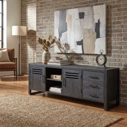 Wooden TV Cabinet 180 cm Black (Solid Wood) – PRITI