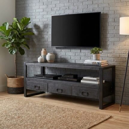 TV Cabinet 150 cm Black (Solid Wood) - PRITI