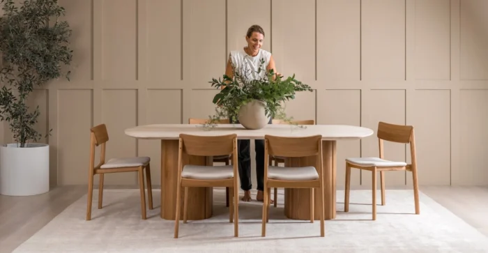 PRITI Dining Table - Light Wood & Travertine