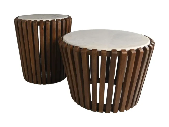 PRITI Coffee Table Round Wood & White Marble - ø45x50
