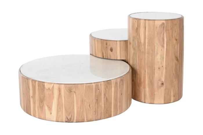 PRITI COFFEE TABLE SET OF 3 WOOD MARBLE 75X75X25