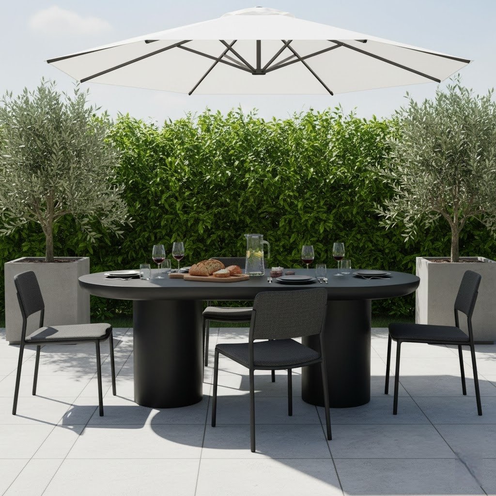 PRITI 83 Inch Outdoor Dining Table Black Concrete Contemporary PRITI 83 Inch Outdoor Dining Table Black Concrete Contemporary