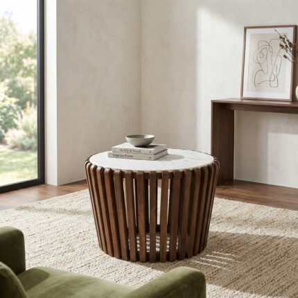 Coffee Table Round Wood White Marble – ø60×60 – PRITI