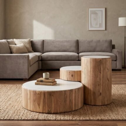 COFFEE TABLE SET OF 3 WOOD MARBLE 75X75X25 - PRITI