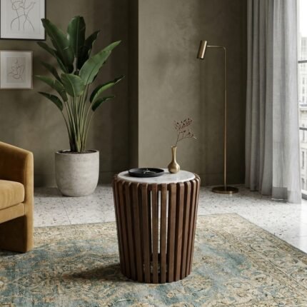 PRITI Coffee Table Round Wood & White Marble - ø45x50