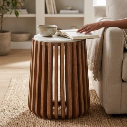 SIDE TABLE MARBLE WOOD WHITE