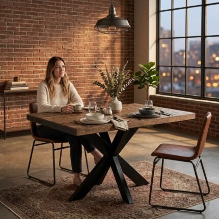 Dining Table in Wood, Brown Metal
